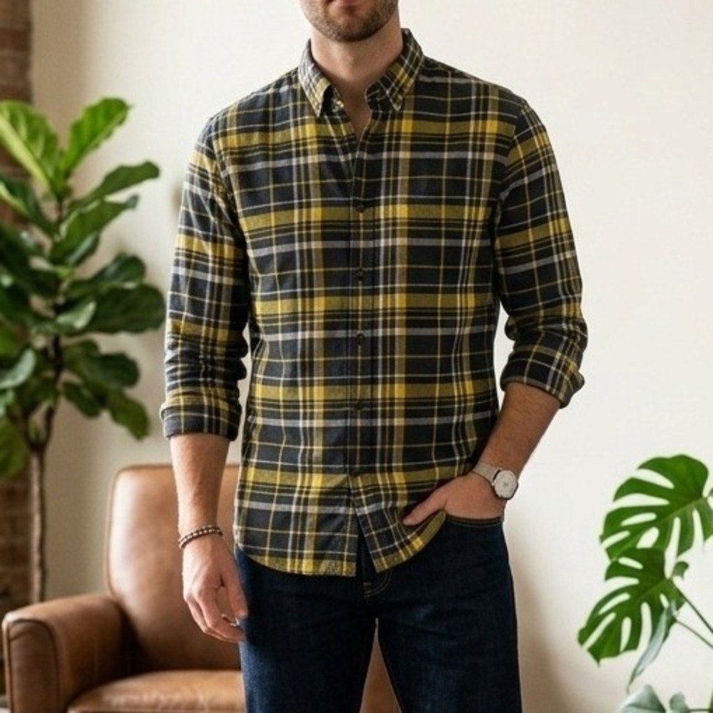 Banana Republic Flannel Shirt Mens M Yellow Navy Plaid Untucked Slim Cabincore